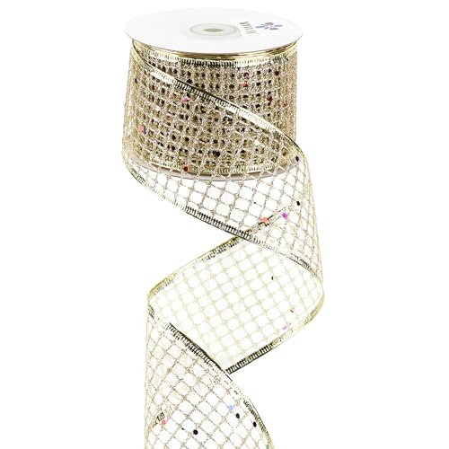 Champagne Gold Glitter Christmas Ribbon 2.5 Inch Square Mesh Net Wired Ribbons with Rainbow Sparkle Champagne Ribbon for Christmas Tree Decoration (30 Foot)