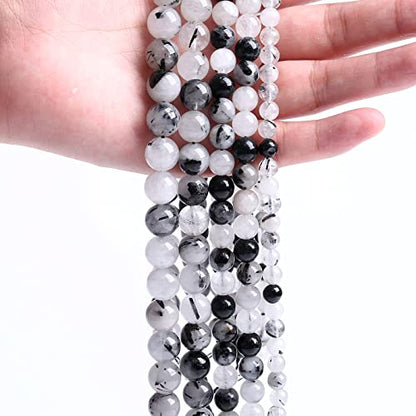 AAA Natural Black Quartz Rutilated Beads Round Loose Beads for Jewelry Making DIY Bracelet 60pcs 6mm Crystal Energy Healing Power Stone (16 Count)