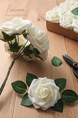 Artificial Flowers 50pcs Real Looking Ivory Foam Fake Roses with Stems for DIY Wedding Bouquets White Baby Shower Centerpieces Floral Arrangements Party Tables Home Decorations (50 Count)