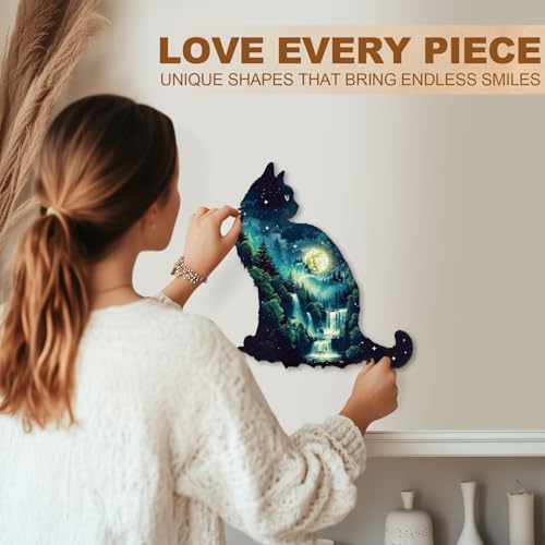 Cat Puzzles for Adults 200 Pieces Forest Waterfall Adult Puzzles Gifts for Women Men Cat Lovers Wooden Unique Shaped Animal Jigsaw Puzzles Birthday Holliday (120 Count)