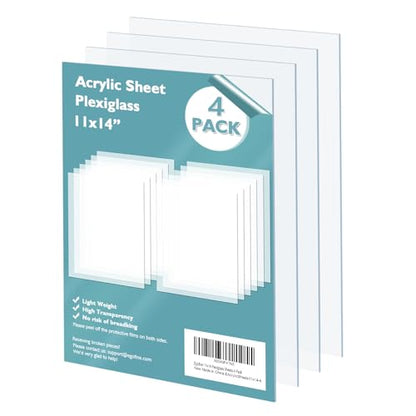 Plexiglass Sheets Acrylic Sheets 4 Pack of 11x14’’ 0.04 Thick Clear Plastic Cast Transparent Plexi Glass for Crafting Projects