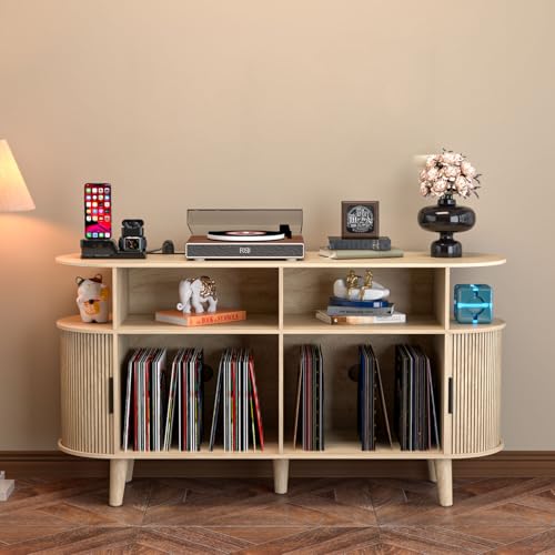 Large Round Record Player Stand with Charging Station & USB Ports
