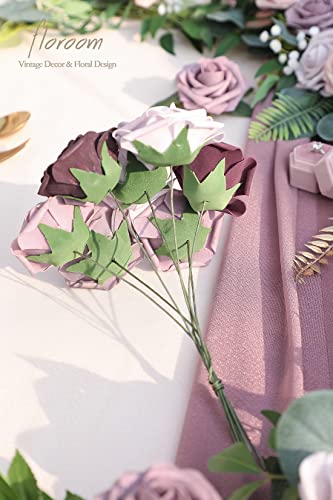 Artificial Flowers 25pcs Real Looking Plum Ombre Colors Foam Fake Roses with Stems for DIY Wedding Bouquets Bridal Shower Floral Centerpieces Party Tables Home Decorations (25 Count)