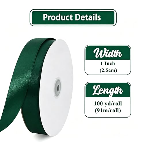 1 Inch x 100yds Dark Green Satin Ribbon for Crafts (300 Foot)