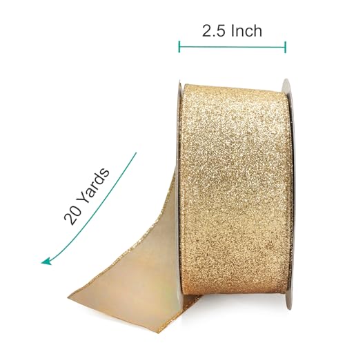 Glitter Wired Ribbon 2.5" x 20 Yards Light Gold for Christmas Home Decor Bow Gift Wrapping DIY Crafts Wreath (60 Foot)