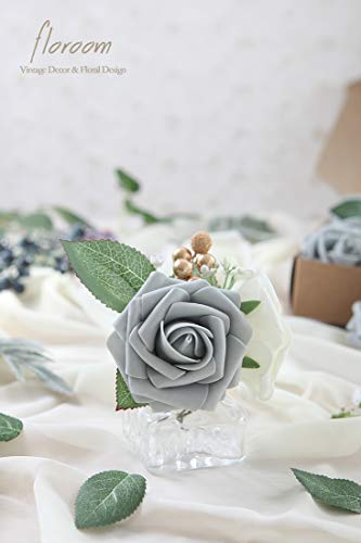 Artificial Flowers 50pcs Real Looking Silver Grey Foam Fake Roses with Stems for DIY Wedding Bouquets Bridal Shower Centerpieces Floral Arrangements Party Tables Home Decorations (50 Count)