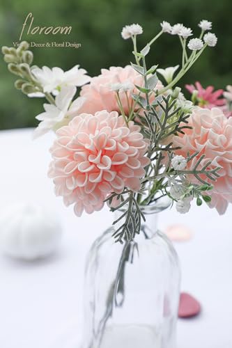 Artificial Dahlia Flowers 25pcs Real Looking Blush Foam Fake Roses with Stems for DIY Wedding Bouquets Pink Bridal Shower Centerpieces Floral Arrangements Party Tables Home Decoration (33 Count)