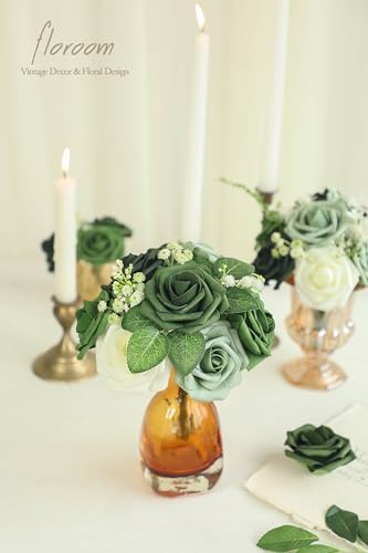 Artificial Flowers 25pcs Real Looking Elf Green Foam Fake Roses with Stems for DIY Wedding Bouquets Bridal Shower Centerpieces Sage Green Floral Arrangements Home Decorations (25 Count)