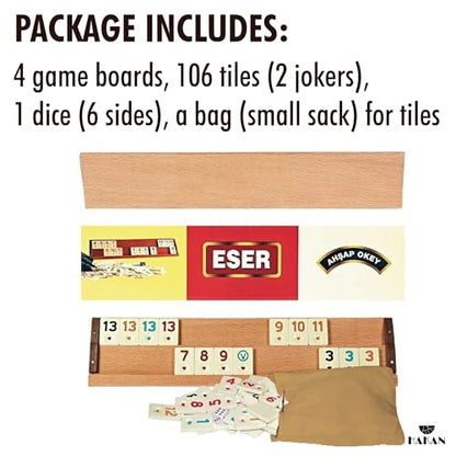 Turkish Okey Game Rummy Cube Game Rummy Cube Set with 4 Straight Wooden Racks Tile Holder and 106 Melamine Tiles Stones in Pouch