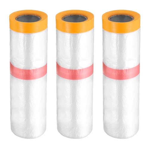 3 Rolls Pre Taped Masking Film 106.3" x32.8ft Double Adhesive Tape and Drape Painters Plastic Drop Cloth Film with Tape Plastic Sheeting for Automotive Painting Covering (3 Count)