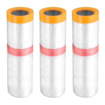 3 Rolls Pre Taped Masking Film 106.3" x32.8ft Double Adhesive Tape and Drape Painters Plastic Drop Cloth Film with Tape Plastic Sheeting for Automotive Painting Covering (3 Count)