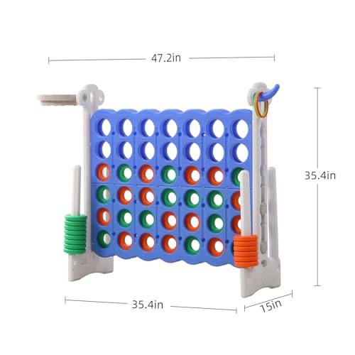Jumbo 4-in-a-Row Game Set, Height Adjustable Indoor Outdoor Yard Game with Basketball Hoop, Ring Toss & Carrying Bag, Family Party Lawn Game for Kids and Adults