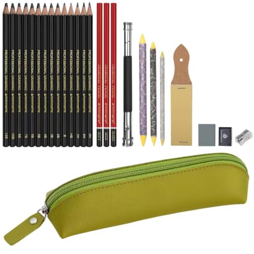 26 Pack Sketching Pencils Set with Light Green Pencil Case Premium Graphite Drawing Pencils Kit with Charcoal