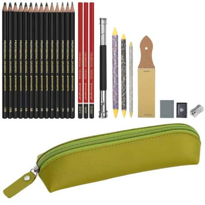 26 Pack Sketching Pencils Set with Light Green Pencil Case Premium Graphite Drawing Pencils Kit with Charcoal