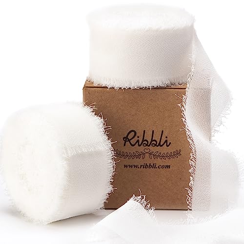 White Chiffon Ribbon 1 Inch x 20 Yard Handmade Fringe Chiffon Silk Ribbon White Ribbon for Gifts Wrapping (60 Foot)