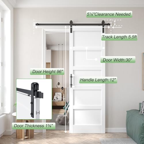 30x96 inch White Barn Door with 5.5FT Sliding Door Hardware Kit Included & Handle