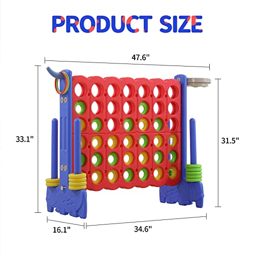 Giant 4-in-a-Row Game with Carry Bag, 3-in-1 Jumbo 4-to-Score Outdoor Yard Game with Basketball Hoop, Ring Toss, Quick-Release Slider, 42 Rings, Family Party Game for Kids & Adults