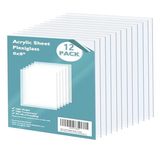 Plexiglass Sheets Acrylic Sheets 12 Pack of 8x8’’ 0.04 Thick Clear Plastic Cast Transparent Plexi Glass for Crafting Projects