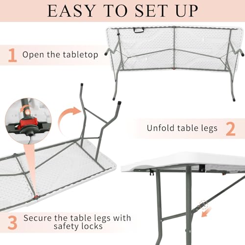 Set of 2 Folding Tables with Carrying Handle Lightweight 6FT Rectangular Portable Plastic Camping Table Steel Legs for Indoor Party (2 Count)