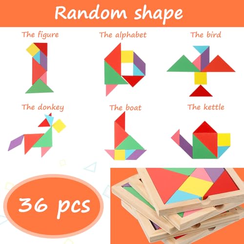 36 Pack Wooden Tangram Puzzles for Kids (36 Count)