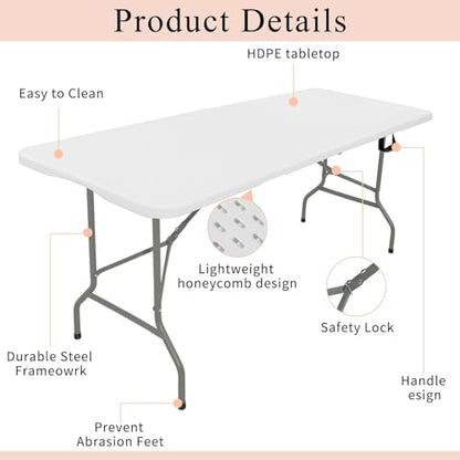 Set of 2 Folding Tables with Carrying Handle Lightweight 6FT Rectangular Portable Plastic Camping Table Steel Legs for Indoor Party (2 Count)