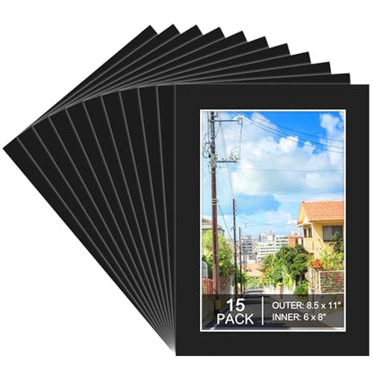 15 Pack Black Picture Mats 8.5x11 for 6x8 Photos (15 Count)