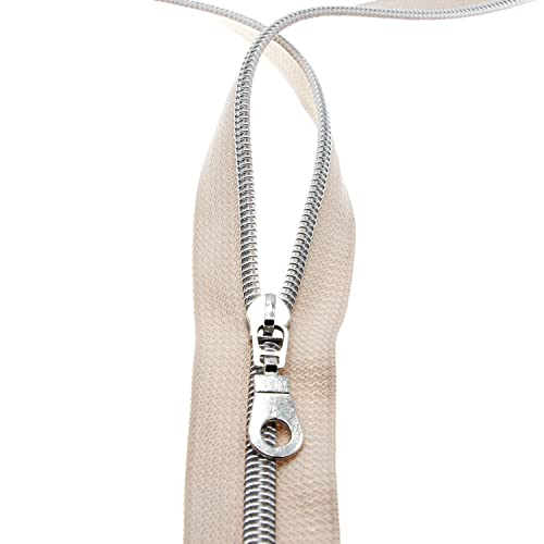 5 Silver Teeth Metallic Nylon Coil Zippers by The Yard Bulk 10 Yards Beige Zipper Tape with 25pcs Silver Sliders for DIY Sewing Tailor Craft Bag Luggage Sofa Zipper