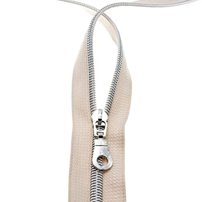5 Silver Teeth Metallic Nylon Coil Zippers by The Yard Bulk 10 Yards Beige Zipper Tape with 25pcs Silver Sliders for DIY Sewing Tailor Craft Bag Luggage Sofa Zipper