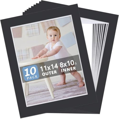 10 Pack Pre Cut 11 x 14 Black Picture Mats for 8.5x11 Photos