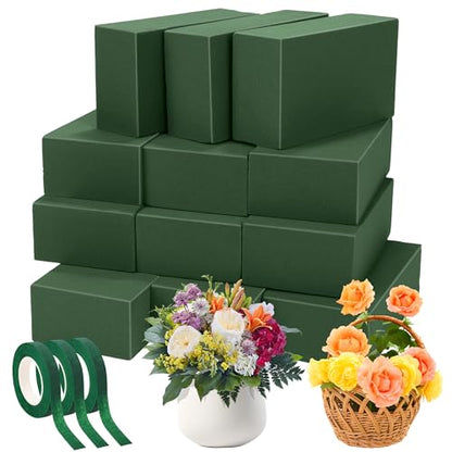 12 Pieces Floral Foam Blocks with 3 Rolls Floral Tape 5.5''L x 3.1''W x 1.8''H Green Square Flower Foams Flower Arrangements Supplies for Dry & Wet Flower Wedding Home Decor and DIY Crafts