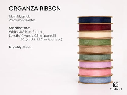 3 8" x 90 Yds Organza Ribbon Set Sheer Ribbon for Gift Wrapping (9 Count)