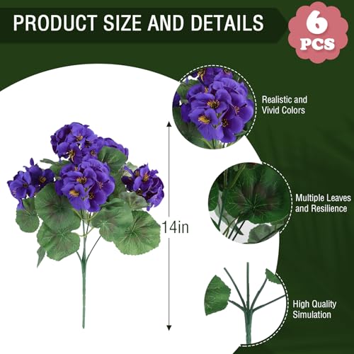 6 Pcs Artificial Geranium Flowers for Outdoors Geranium Silk Flowers Outdoor UV Resistant Garden Plants Faux Flowers for Home Kitchen Table Centerpieces Decor