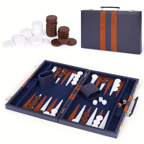 15 Inch Portable Backgammon Set with Faux Leather Folding Board