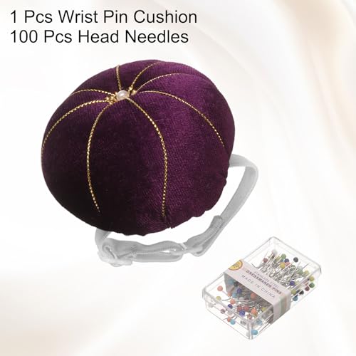 Wrist Pin Cushion Wristband Sewing Pincushion Polyester Pin Holder Wearable Pumpkin Shaped Needles Wristband with 100 Head Needles for Sewing Quilting DIY Crafts