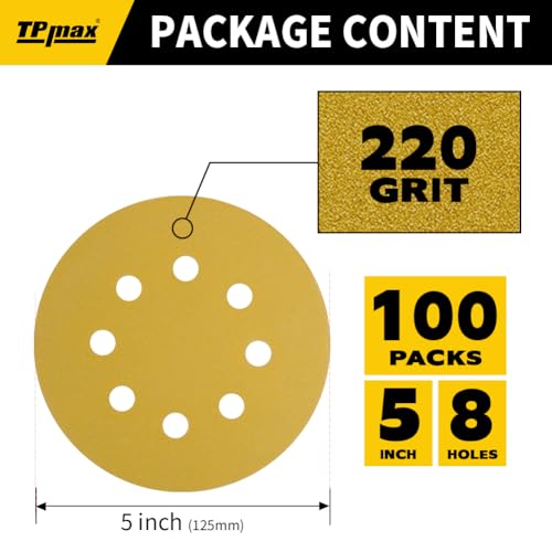 100PCS 5 Inch 220 Grit 125mm 8 Hole Sanding Discs Sandpaper (100 Count)