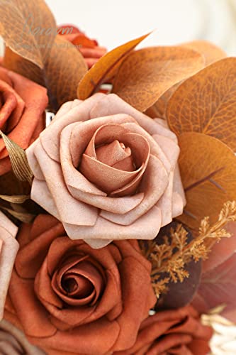 Artificial Flowers 25pcs Real Looking Burnt Orange & Warm Taupe Foam Fake Roses with Stems for DIY Wedding Bouquets Bridal Shower Centerpieces Floral Arrangements Party Tables Home Decorations (33 Count)