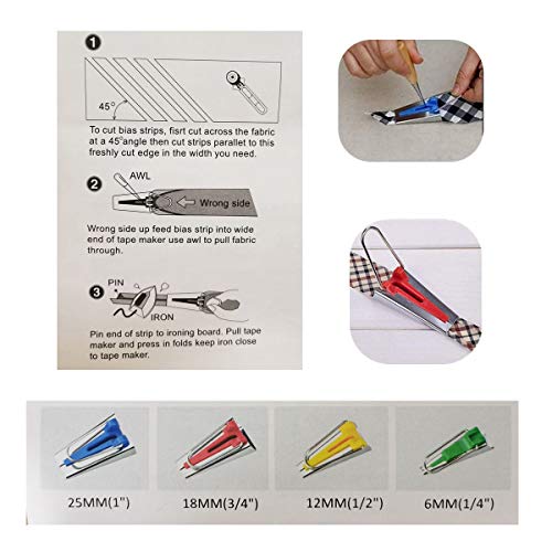 Bias Tape Maker Kits All 5 Sizes 6MM 9MM 12MM 18MM 25MM Binding Foot Craft Clips Awl Quilter's Pin (20 Count)