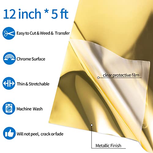 Gold Metallic Foil Heat Transfer Vinyl Roll 12" x5ft Gold Iron on Vinyl Chrome HTV Vinyl Easy to Cut & Weed DIY Heat Press Design for T