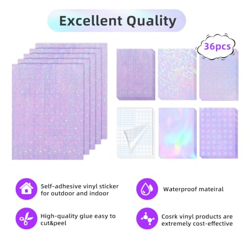 36 Sheets Holographic Sticker Paper Clear Self Adhesive Laminate Sheets (36 Count)