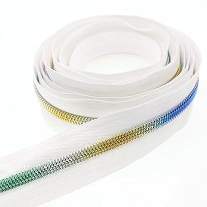 5 Rainbow Teeh Metallic Nylon Coil Zippers by The Yard Bulk 10 Yards White Zipper Tape with 25pcs Silver Ring Pull Sliders for DIY Sewing Tailor Craft Bag