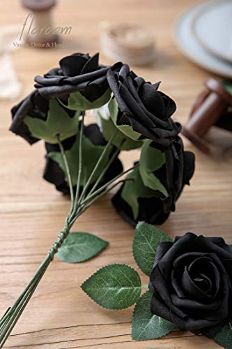 Artificial Flowers 25pcs Real Looking Black Foam Fake Roses with Stems for DIY Wedding Bouquets Centerpieces Arrangements Party Tables Home Halloween Decorations (25 Count)