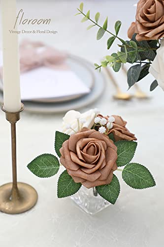 Artificial Flowers 25pcs Real Looking Gold Sparrow & Cream Foam Fake Roses with Stems for DIY Wedding Bouquets Bridal Shower Centerpieces Floral Arrangements Party Tables Home Decorations (33 Count)