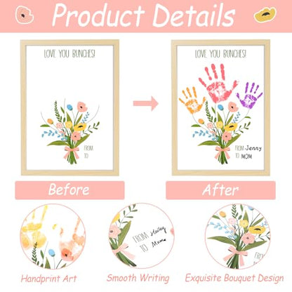 Colorful Flower Bouquet Handprint Art Craft DIY Kit Mother's Day Gifts From Daughter or Son Fun Family Handprint Keepsake with Wood Frame for Mom Grandma Birthday Christmas 12x16 Inch