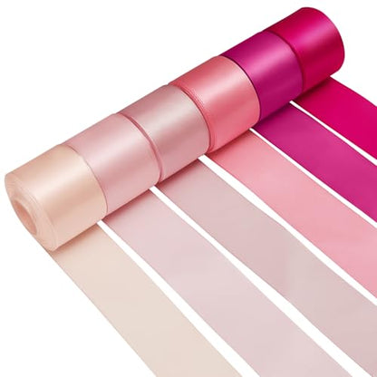 1-1/2 Inch Single-Faced Pink Satin Ribbons for Crafts Gift Wrapping Wedding | 6 Rolls Assorted Ribbons for Flower Bouquet Invitations Bridal Shower Hair Bows Garland Party Decor