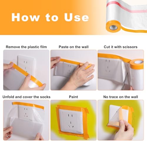 Pre Taped Masking Film 78.7" x65.6ft Double Adhesive Tape and Drape Painters Plastic Drop Cloth Film with Tape Plastic Sheeting for Automotive Painting Covering