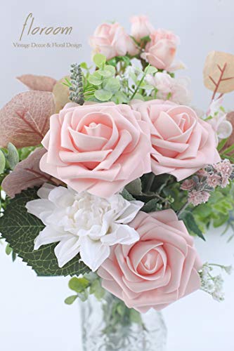 Artificial Flowers 50pcs Real Looking Blush Foam Fake Roses with Stems for DIY Wedding Bouquets Pink Bridal Shower Centerpieces Floral Arrangements Party Tables Home Decorations (50 Count)