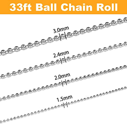 33ft Stainless Steel Ball Chain 2mm Bead Dog Tag Chain Beaded Necklace Chains for Jewelry Making Bracelet Military Crafts