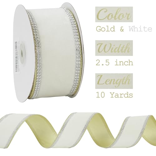 Gold & White Velvet with Rhinstone Edge Wired Ribbon 2.5 Inch Luxury Jeweled Ribbon 5 Yards Sparkling Rhinestone Trim for Christmas Tree (15 Foot)