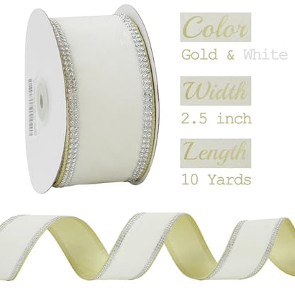 Gold & White Velvet with Rhinstone Edge Wired Ribbon 2.5 Inch Luxury Jeweled Ribbon 5 Yards Sparkling Rhinestone Trim for Christmas Tree (15 Foot)
