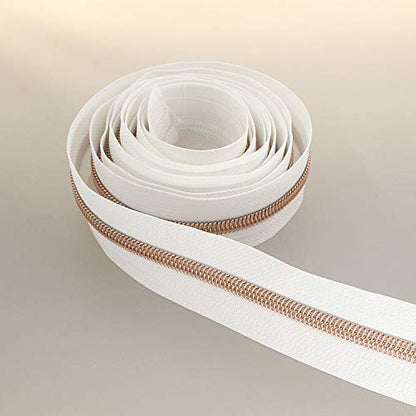 5 Rose Gold Metallic Nylon Coil Zippers by The Yard Bulk 10 Yards White Tape with 25pcs Rose Gold Sliders for DIY Sewing Tailor Craft Bag